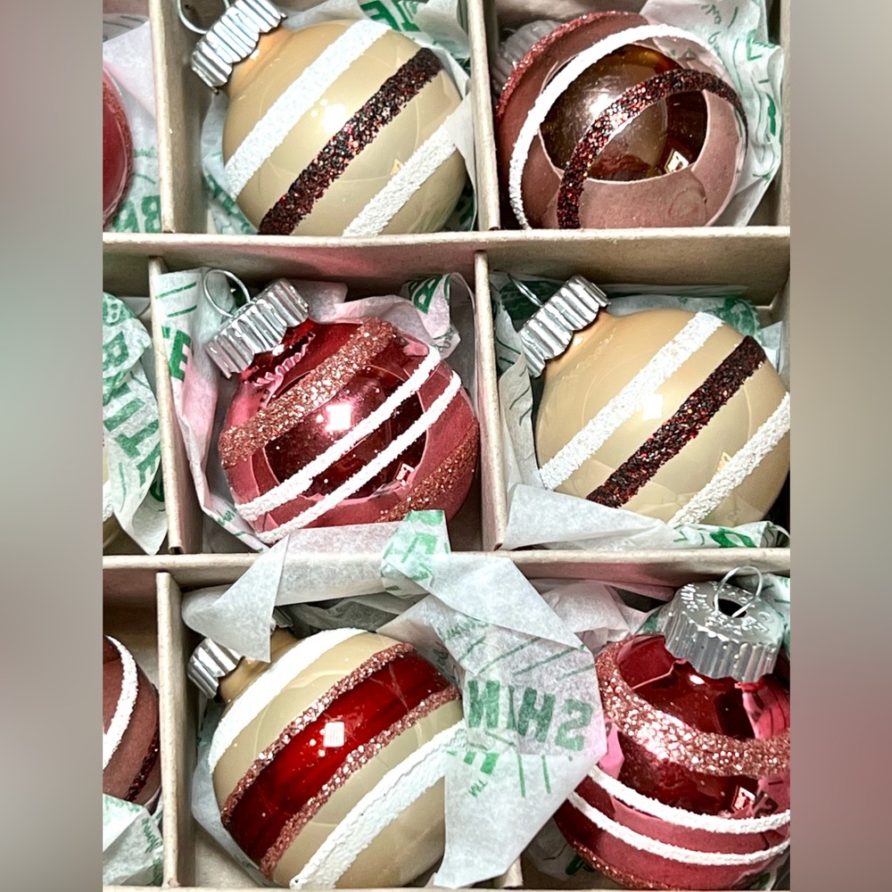 20 Christmas Radko Glass Ball Ornaments Burgundy Beige White Pink Glitter Stripe - Picture 14 of 15